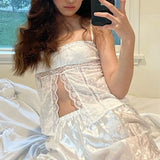 OOTDGIRL Y2K Fairycore Aesthetic White Lace Crop Top Sexy Slits See Through Milkmaid Top 90S Vintage Sweet Girl Cropped Women Clothing