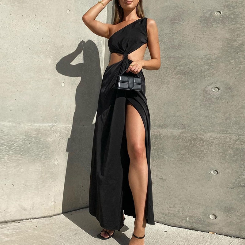 Ootdgirl  One Shoulder Twist  Cut Out Slit Maxi Dress for Women Elegant Fashion Sleeveless Long Dresses Gown New Clothes