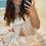 OOTDGIRL Y2K Fairycore Aesthetic White Lace Crop Top Sexy Slits See Through Milkmaid Top 90S Vintage Sweet Girl Cropped Women Clothing