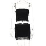 Sexy Folds Mesh Sheer Strapless Tube Top Off Shoulder Backless Cropped And Skinny Mini Skirt 2 Piece Set Women Summer Streetwear