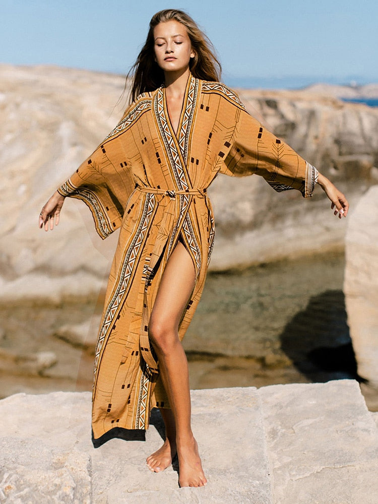 Ootdgirl  Vintage Geometric Beach Kimono Bohemian Oversized Cardigan With Belt Holiday Slim Ethnic Tribe Swimsuits Cover Up