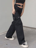 Ootdgirl Women's Jeans Hollow Out Waist Pocket Straight Pants Solid Y2k Streetwear Fashion Casual Denim Trousers Harajuku Korean