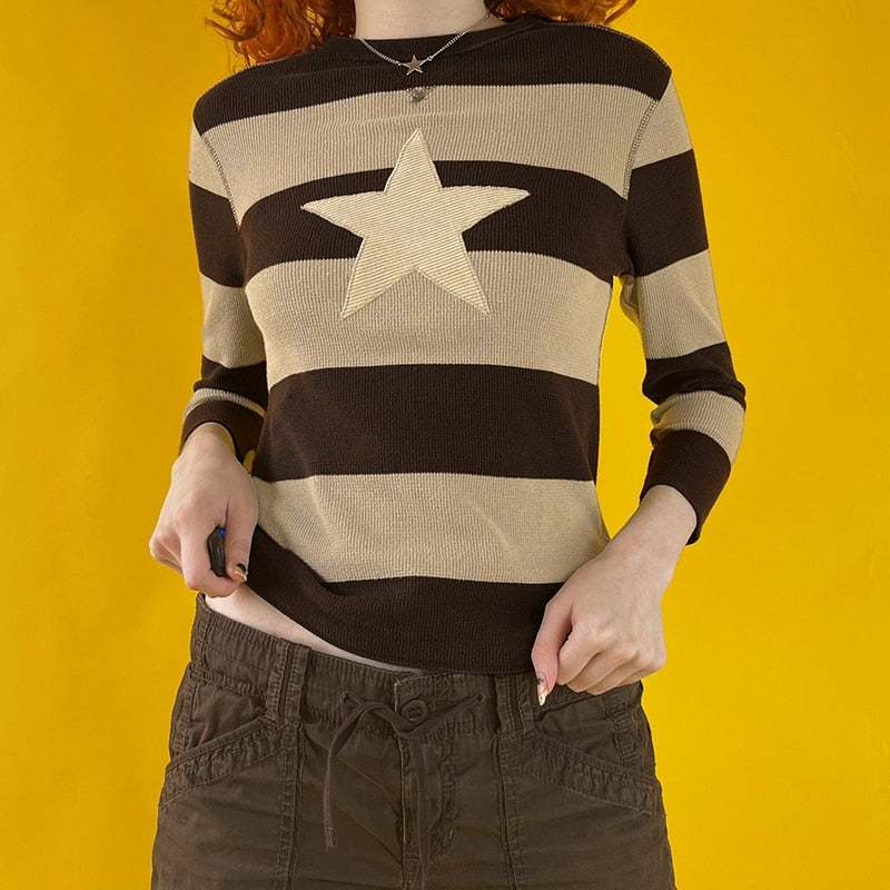 OOTDGIRL Autumn outfits Vintage Star Patched Striped Knitted Pullovers Autumn Spring Long Sleeve O-Neck Jumpers Y2K Retro Grunge Sweaters Knitwear