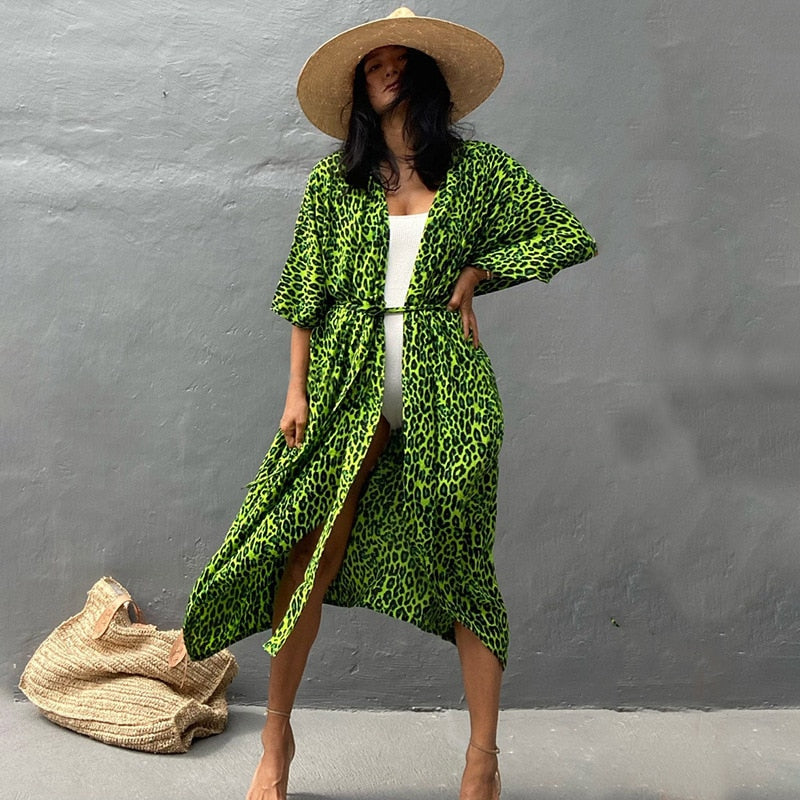 Ootdgirl  Summer Vintage Kimono Swimwear Halo Dyeing Beach Cover Up With Sashes Oversized Long Cardigan Holiday  Covers