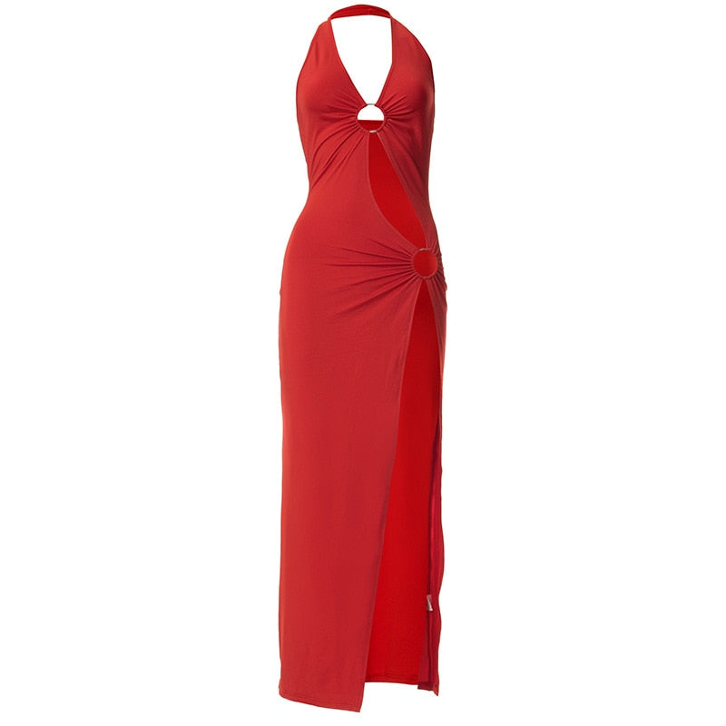 Ootdgirl   Backless Halter Slit Long Dress Summer 2022 Fashion Women Clothing Red Date Night Party Dressy Dresses C85-CB24