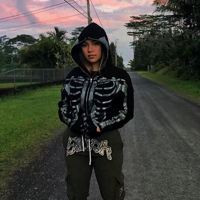 OOTDGIRL Autumn outfits Rhinestones Skeleton Print Long Sleeve Hooded Tops Autumn Dark Academia Grunge Zip Up Sweatshirts E-Girl Gothic Retro Jacket