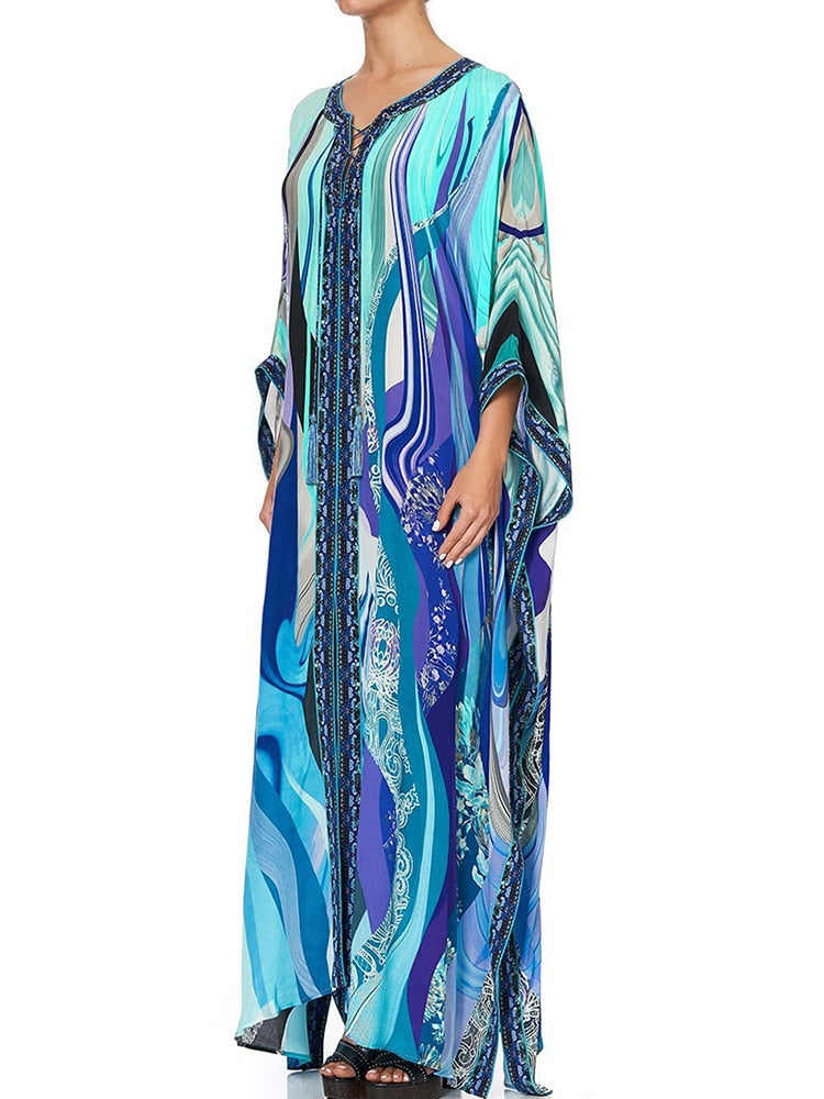Ootdgirl  Print Split Straight Kaftan Beach Long Dress Women Bohemian Lace Up Overized Robe Blue Loose Pareos Maxi Dresses New