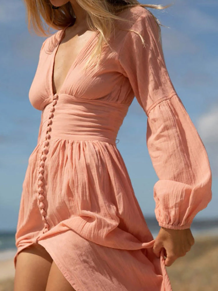 Ootdgirl  Button Up Long Dress Summer Bohemian Slim  Split Robe Beach Tunic Holiday Lantern Sleeve Vintage Pareo Femme New