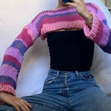 OOTDGIRL 90S Vitnage Striped Knitted Crop Top Y2K Aesthetic Long Sleeve Pullovers Sweater Fairycore Grunge T-Shirt E-Girl Tees Streetwear