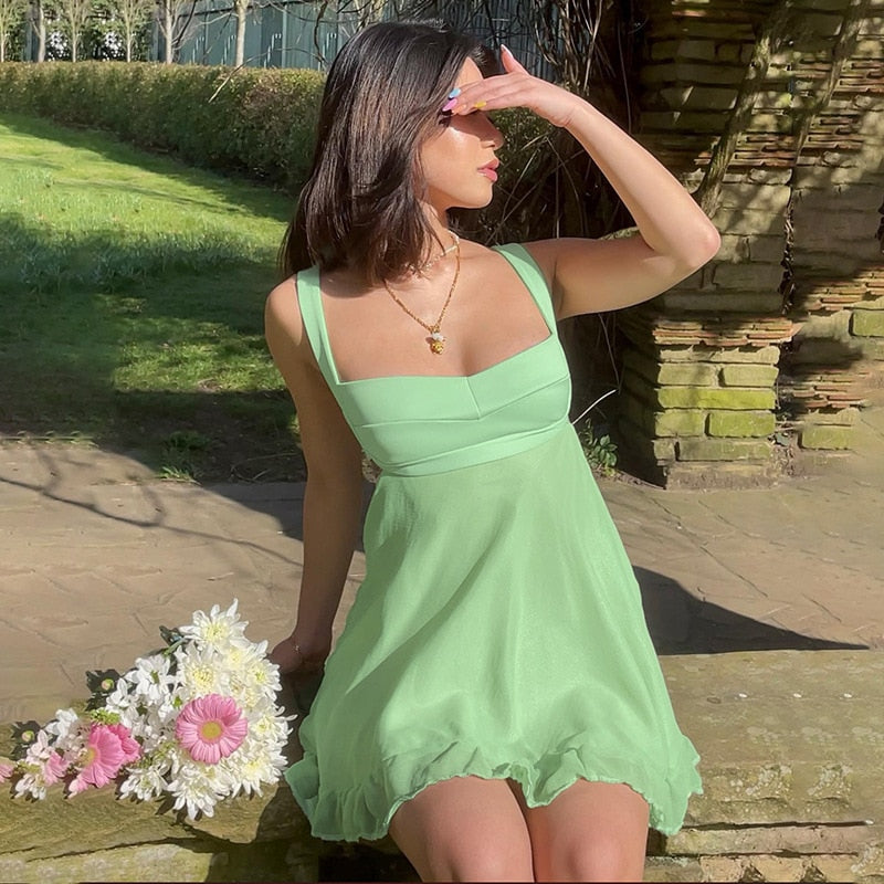 OOTDGIRL Fairy Grunge Summer Holiday Gauze Green A-Line Sleeveless Mini Dress Outfits Women Frill Hem Dresses Y2K Clothes