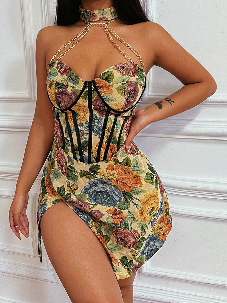 Ootdgirl  Floral Mini Dress Corsets Chain Halter Backless Dress Women  Sleeveless Summer 2022 Streetwear  Chic Party Clothes