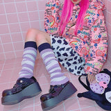 Ootdgirl Back to school E-Girl Kawaii Leg Warmers Knitted Sock Harajuki Gothic Mall Goth Vintage Striped Stretch Knee-Length Cool Hipster Emo Alt Sock