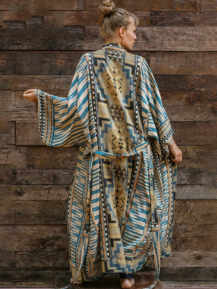 Ootdgirl  Vintage Geometric Beach Kimono Bohemian Oversized Cardigan With Belt Holiday Slim Ethnic Tribe Swimsuits Cover Up