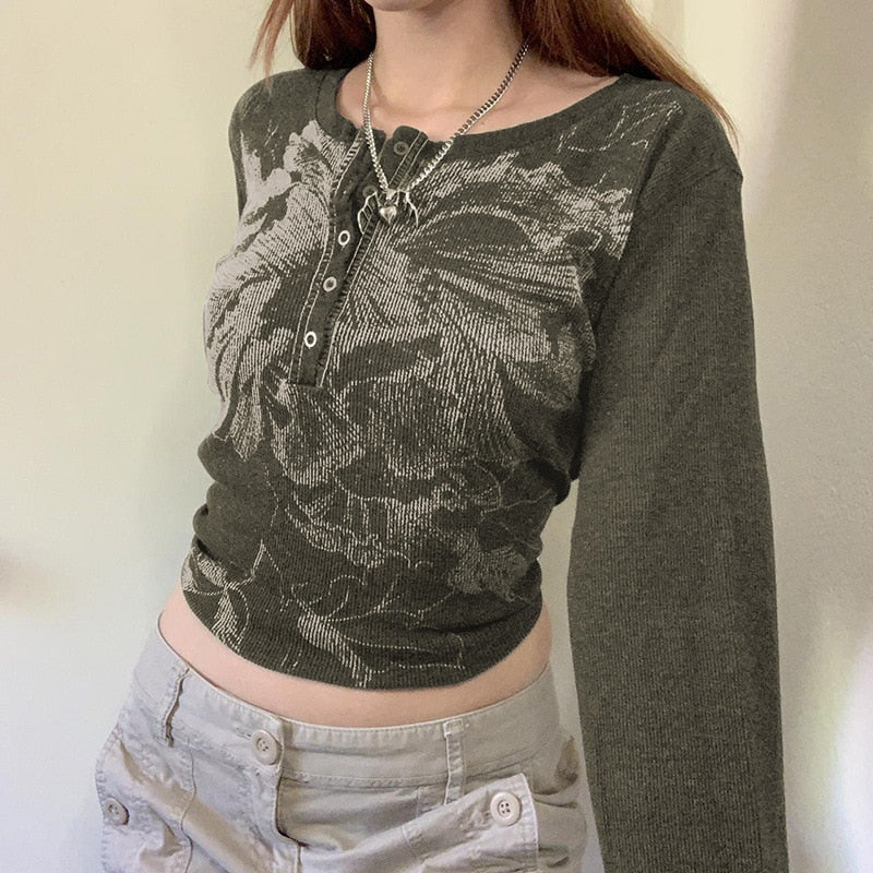 OOTDGIRL Autumn outfits Graphic Print Retro T-Shirt Autumn Spring Long Sleeve Button Up Pullover Tees Y2K Aesthetic Fairy Grunge Crop Top Streetwear