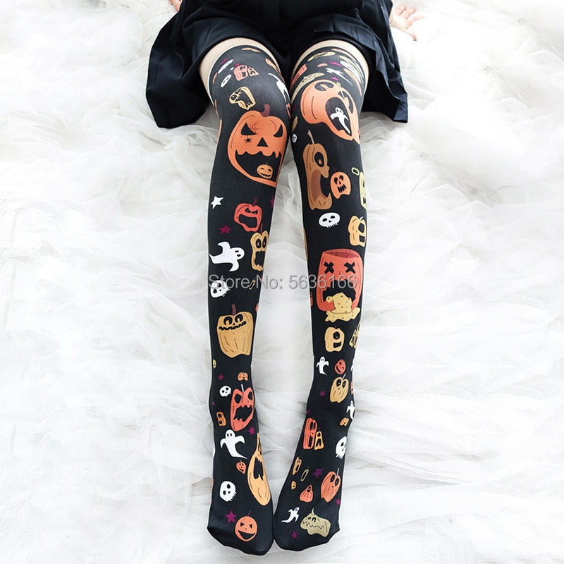 OOTDGIRL Halloween Womens Long Stocking Pumpkin Head Stockings Fashion Cotton Thigh High Over Knee Autumn Casual Stockings