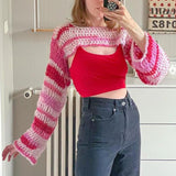 OOTDGIRL Autumn outfits Sweet Girl Pink Smock Top Vintage Striped Knitted Pullovers Y2K Aesthetic Fairycore Grunge Sweater Jumpers 2000S Retro Cover-Ups