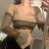 OOTDGIRL Crochet Hollow Out Patchwork  T-Shirts Y2K Aesthetic Vintage Skinny Knitted Crop Top 90S 00S Retro Backless Tie-Up Tees Sweater