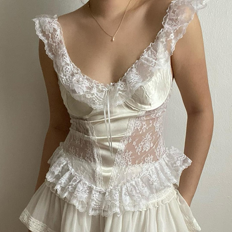 OOTDGIRL Autumn outfits Y2K Vintage Lace Patchwork Satin Crop Tops Kawaii Girl V Neck Ruched Camisole 2000S Retro Aesthetics White Milkmaid Top Vest