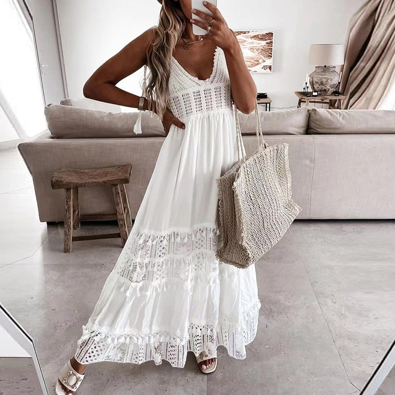 Ootdgirl Ladies Casual Lace Patchwork Sleeveless Maxi Dress Women Summer Spaghetti Strap V Neck Hollow Out Dresses Party Fashion Vestidos