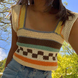 OOTDGIRL Vintage Knitted Sweater Vest Y2k Summer Striped Patchwork Square Collar Ruffles Short Sleeve Tank Aesthetic Crop Top
