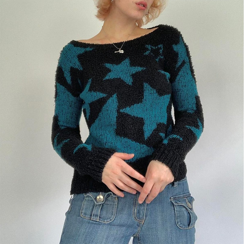 OOTDGIRL Retro Pentagram Pattern Knitted Pullovers Women Autumn Vintage Long Sleeve Sweaters Y2K Aesthetics Harajuku Grunge Jumpers