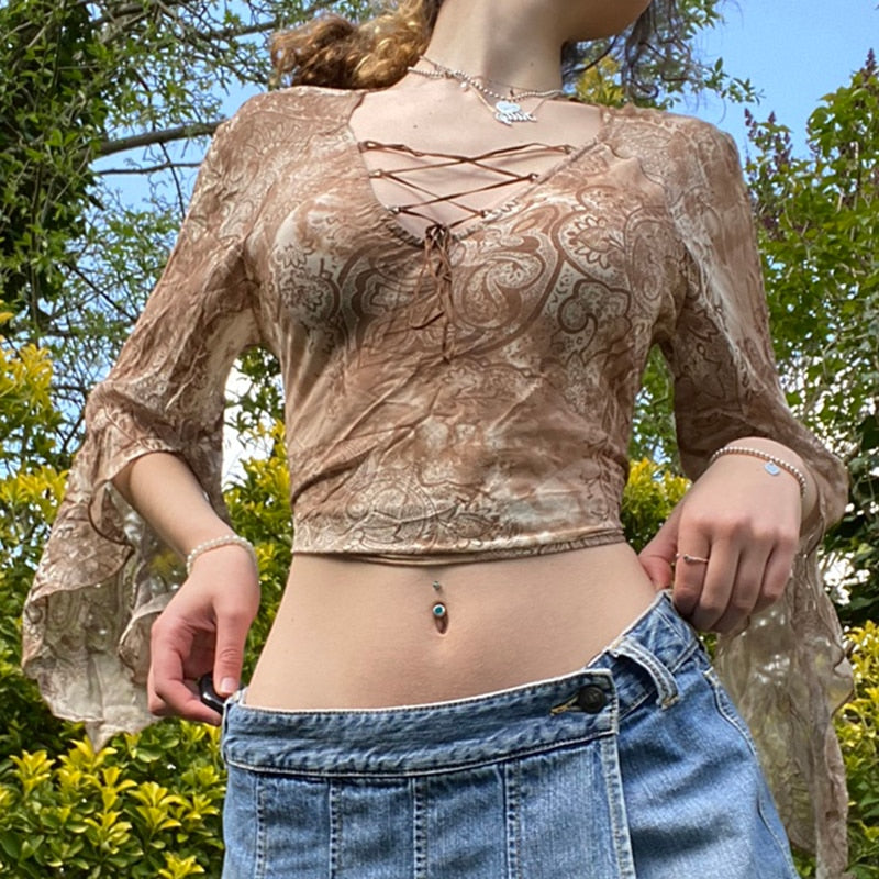 Ootdgirl  Fairy Grunge Print Crop Top Women's Flare Sleeve Tshirts Aesthetic Retro Harajuku Tie Up V-Neck Tee 90S Vintage Clothes