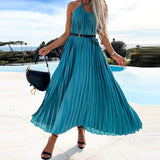 Ootdgirl Summer Vestidos Fashion Beach Women's Maxi Dress Solid Color Casual Sleeveless Halter V Neck High Waist Commute Pleated Dresses