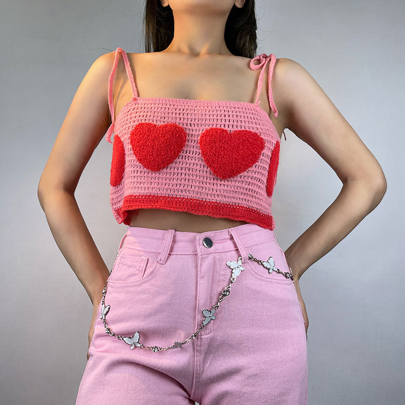 OOTDGIRL Cute Heart Flocking Crochet Top Y2K Aesthetics Fairycore Kawaii Knitted Lace Up Strap Cropped 2000S Retro Women Cami Top Clothes