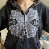 OOTDGIRL Autumn outfits Vintage Black Mall Goth Sweatshirt Skull Crossbones Graphic Patch Zip Up Hoodie Y2K Grunge Retro Coat E-Girl Gothic Streetwear