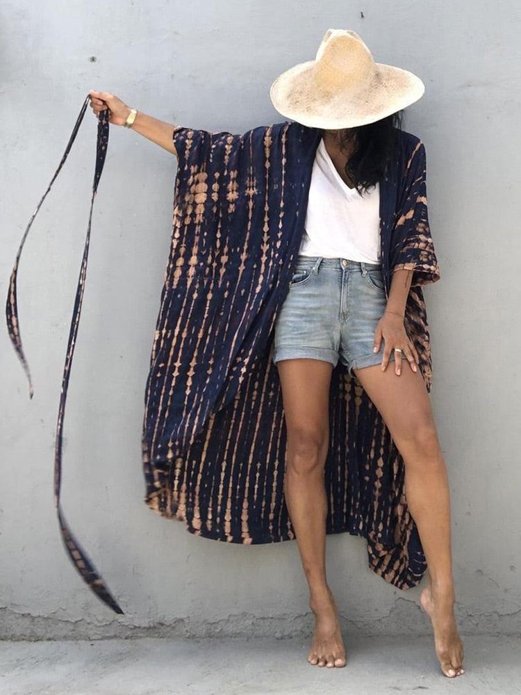 Ootdgirl  Summer Vintage Kimono Swimwear Halo Dyeing Beach Cover Up With Sashes Oversized Long Cardigan Holiday  Covers