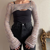 OOTDGIRL Y2k Hollow Out Crop Tops Crochet Net Short Pullovers Women Knit Long Sleeve Streetwear Aesthetic Cover Up T-Shirts