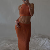 OOTDGIRL Autumn outfits Chic Women Knitted Two Piece Set Crochet Hollow Out Backless Tie Up Bandage Crop Top Vest Wrap Bodycon Long Skirts Beach Holiday