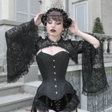 OOTDGIRL Lace Mall Gothic See Through Shrug Tops Grunge Aesthetic Black Flare Sleeve Crop Top Women Vintage Punk Sexy Clothing