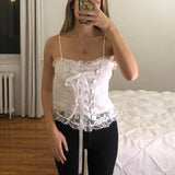 OOTDGIRL Vintage Floral Lace Tie Up Bandage Corset Top Women Sexy Spaghetti Straps Camisole 00S Retro Backless Slim Milkmaid Crop Top Y2K