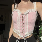 OOTDGIRL 2000S Retro Aesthetics Kawaii Corset Top Sweet Girl Lace Trim Pink Milkmaid Vest Front Tie Up Bandage Cropped Y2K Fairycore Cami