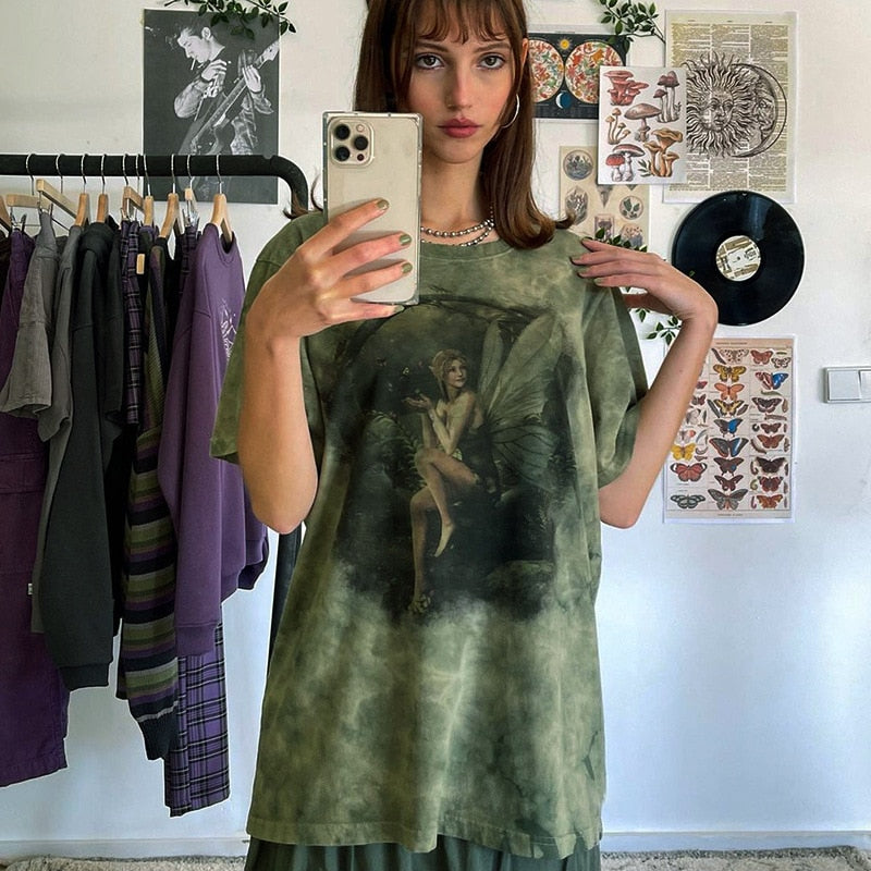 OOTDGIRL Vintage Summer Green Loose T-Shirts Women Gothic Clothes Print O-Neck Long Top Streetwear Short Sleeve Fashion T-Shirts