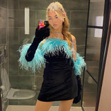 OOTDGIRL Fashion Modern Blue Plush Stitching Black Retro Dress Plush Sleeve Set 2022 Spring New With Fur Sleeves Two-Pieces Suit Dresses