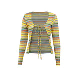 Ootdgirl  Colorful Striped Tie Up Crop Top Y2k Clothes for Women Crochet Knitted Cardigan Cute Long Sleeve T-shirts C76-CZ15