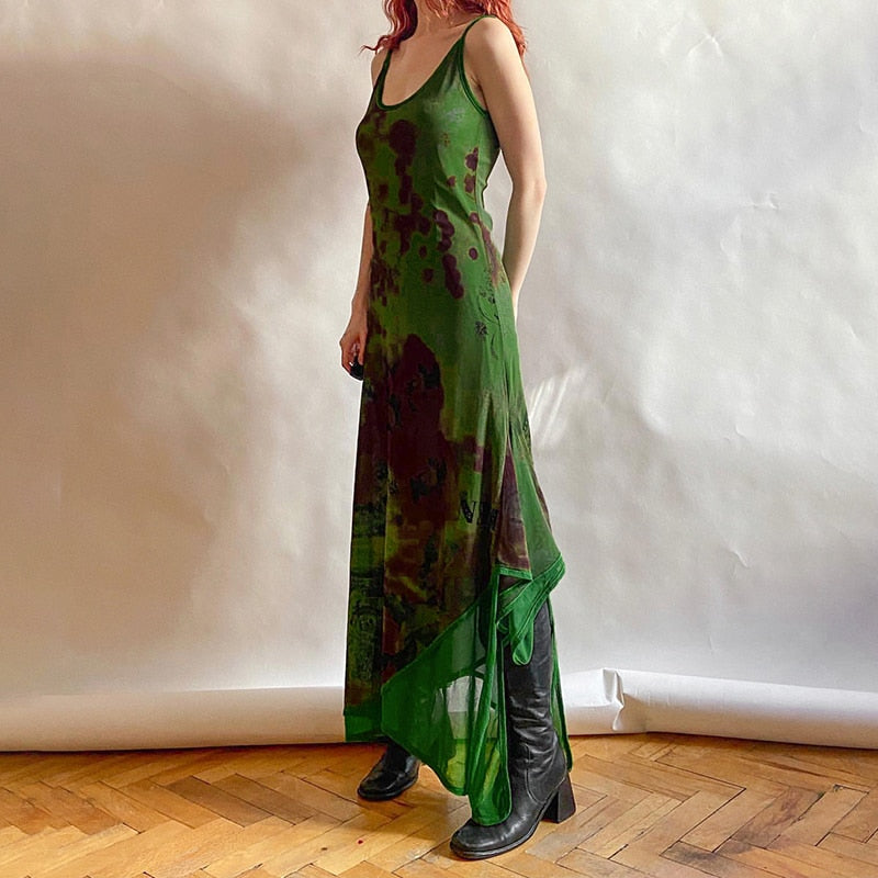 OOTDGIRL Chic Women Fairycore Spaghetti Straps Long Dresses 2000S Retro Y2K Aesthetic Green Graphic Print Mesh Dress Vintage Streetwear