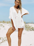 Ootdgirl  Lace Up White Boho Dresses For Women  Summer Beach Cover Up Dress Female Big Size Loose Slim Hot Pareos Output