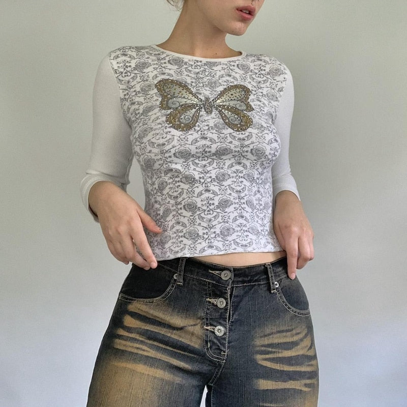 OOTDGIRL Y2K Rhinestone Butterfly Graphic Print T-Shirt 00S Retro Indie Grunge Crop Top Chic Women Long Sleeve Slim Fit Pullovers Tees