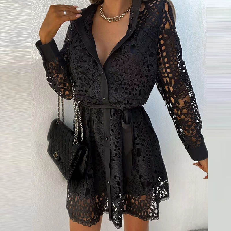 Ootdgirl Spring Summer Fashion Commute Turn-Down Collar Lace Mini Dress Casual Solid Color Hollow Out Laced Buttons Cardigan Ladies Dress
