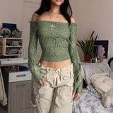 OOTDGIRL Womens Y2k Green Hollow Out Crop Tops Cute Kawaii Off-Shoulder Sleeve T-Shirts E-Girls Teen Summer Clothes Streetwear