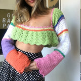 OOTDGIRL OOTDGIRL 2000S Knitted Crochet Y2K Crop Top Women Long Sleeve Hollow Out Sweater Aesthetic T-Shirt Patchwork Vintage Streetwear