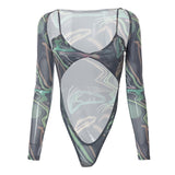 Ootdgirl  See Through Mesh Cutout V Neck Bodysuit  Clubwear Rave Outfits for Woman Long Sleeve Top Festival Clothing C85BI10