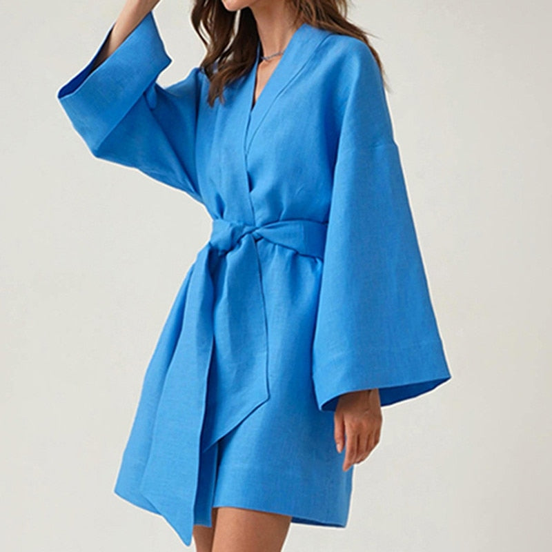 OOTDGIRL Summer Loose Blue Linen Dress Women Elegant V-Neck Long Sleeve Lace-Up Mini Dresses Vacation Loose Thin Wrap Dresses Woman 2022