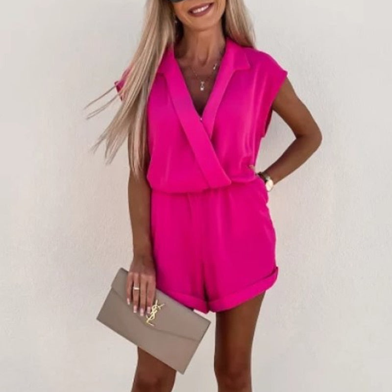 Ootdgirl Summer Women's Commute Jumpsuits Shorts Casual Solid Color Sleeveless V Neck Ladies Fashion Elegant Office Short Playsuit Female