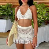 OOTDGIRL Chic Women Holiday Two Piece Set Y2K Knitted Chest Wrap Backless Tie Up Crop Top + Crochet Hollow Out Tassel Bodycon Skirt Beach
