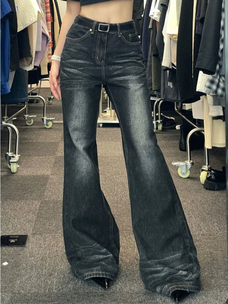 Ootdgirl Vintage Women Flare Jeans Grunge Y2k Streetwear High Waist Baggy Black Denim Pants Hippie Retro Female Trousers Fashion