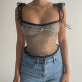 OOTDGIRL Kawaii Girl Knitted Tie-Up Strap Crop Top Sexy Hollow Out Backless Camisole Chic Women Vintage Mini Vest Y2K Retro Streetwear